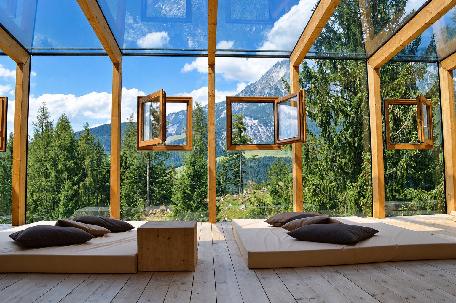 Une salle de détente en bois entièrement vitrée avec des matelas et des coussins sombres, dont les fenêtres ouvertes donnent sur des sapins et une montagne.